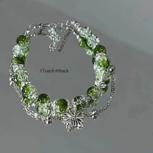 Elegant Green Woman's Glass Bead Bracelet with Butterfly Pendant Fashion Jewelry - Picture 2 of 2